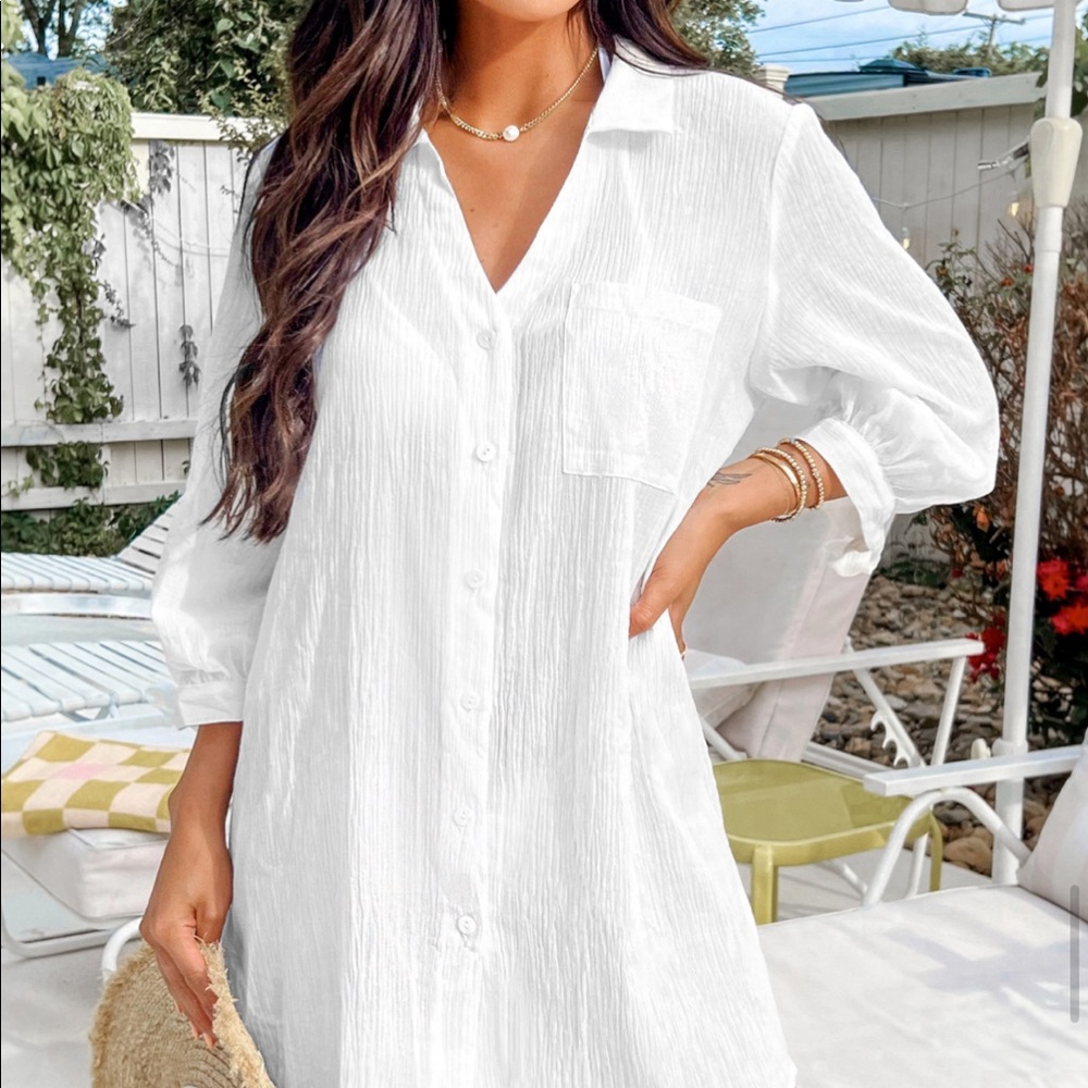 White cuff tie cover up dress